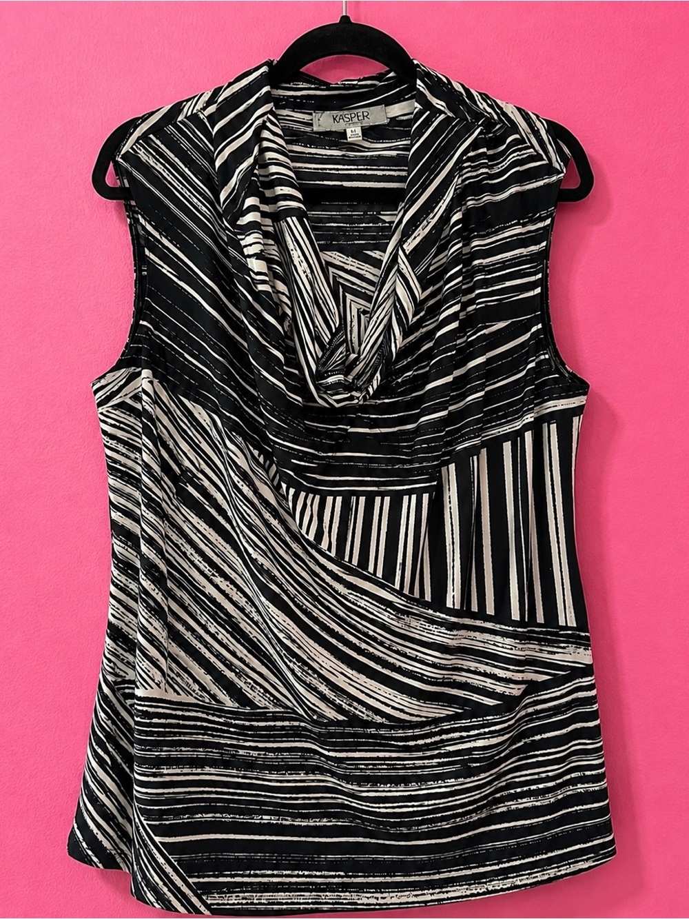 Kasper Petite Medium Black White Striped Cowl Neck Top PM